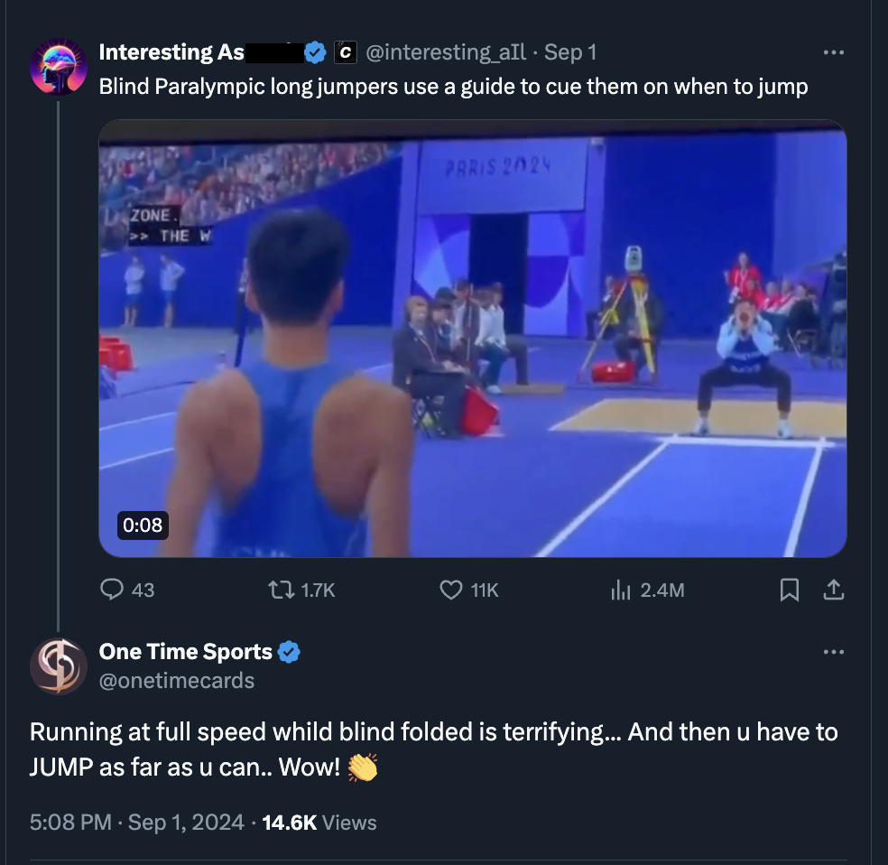 screenshot - Interesting As c all Sep 1 Blind Paralympic long jumpers use a guide to cue them on when to jump Zone The W 43 Paris 202 t 11K ill 2.4M t One Time Sports Running at full speed whild blind folded is terrifying... And then u have to Jump as far